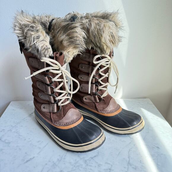 Sorel Joan of Arctic Tall Winter Boots Faux Fur Brown Black Size 8 - Picture 1 of 10